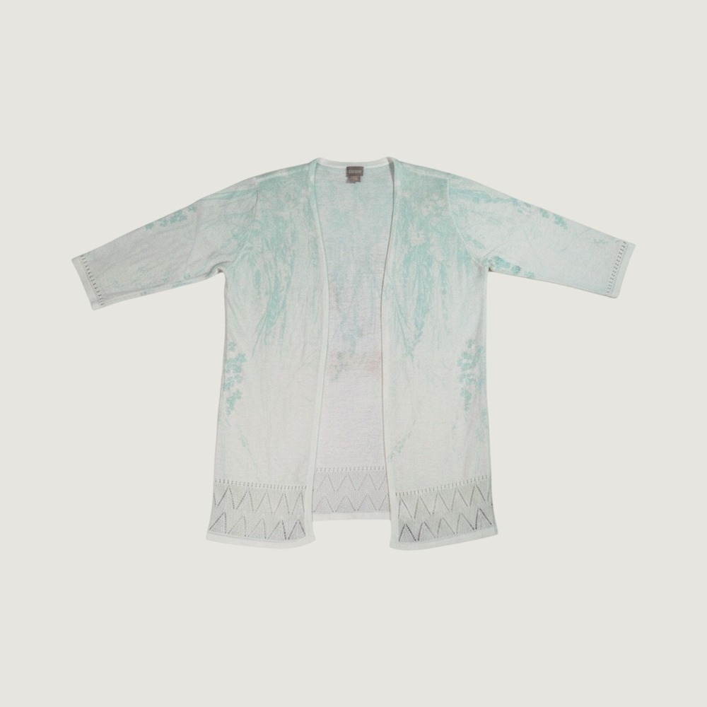 Chico's‎ Cardigan Women 2 White Mint Green Floral Open Front Pointelle Knit